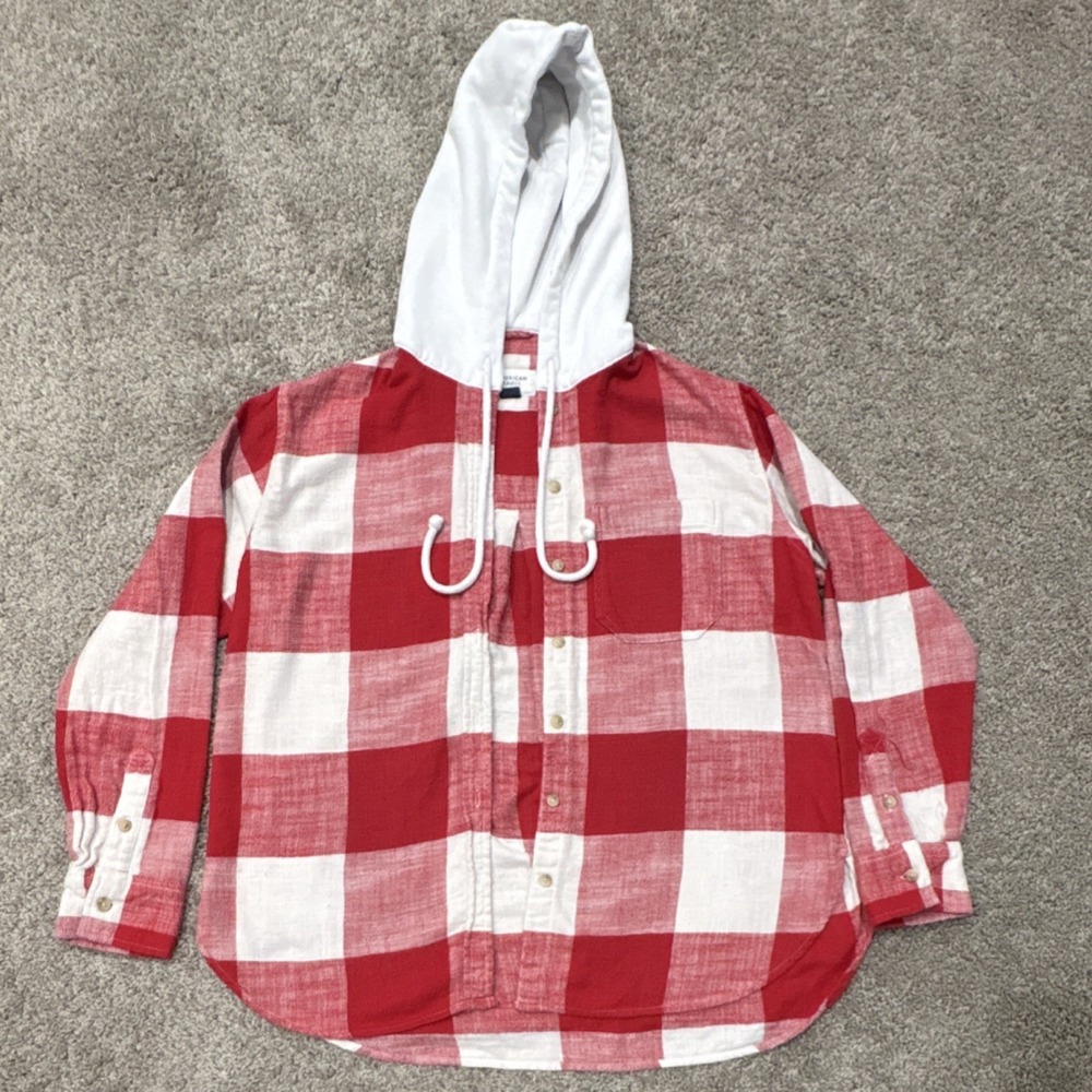 American Eagle Men's Red White Flannel Hooded‎ Button-Up Shirt Plaid XS